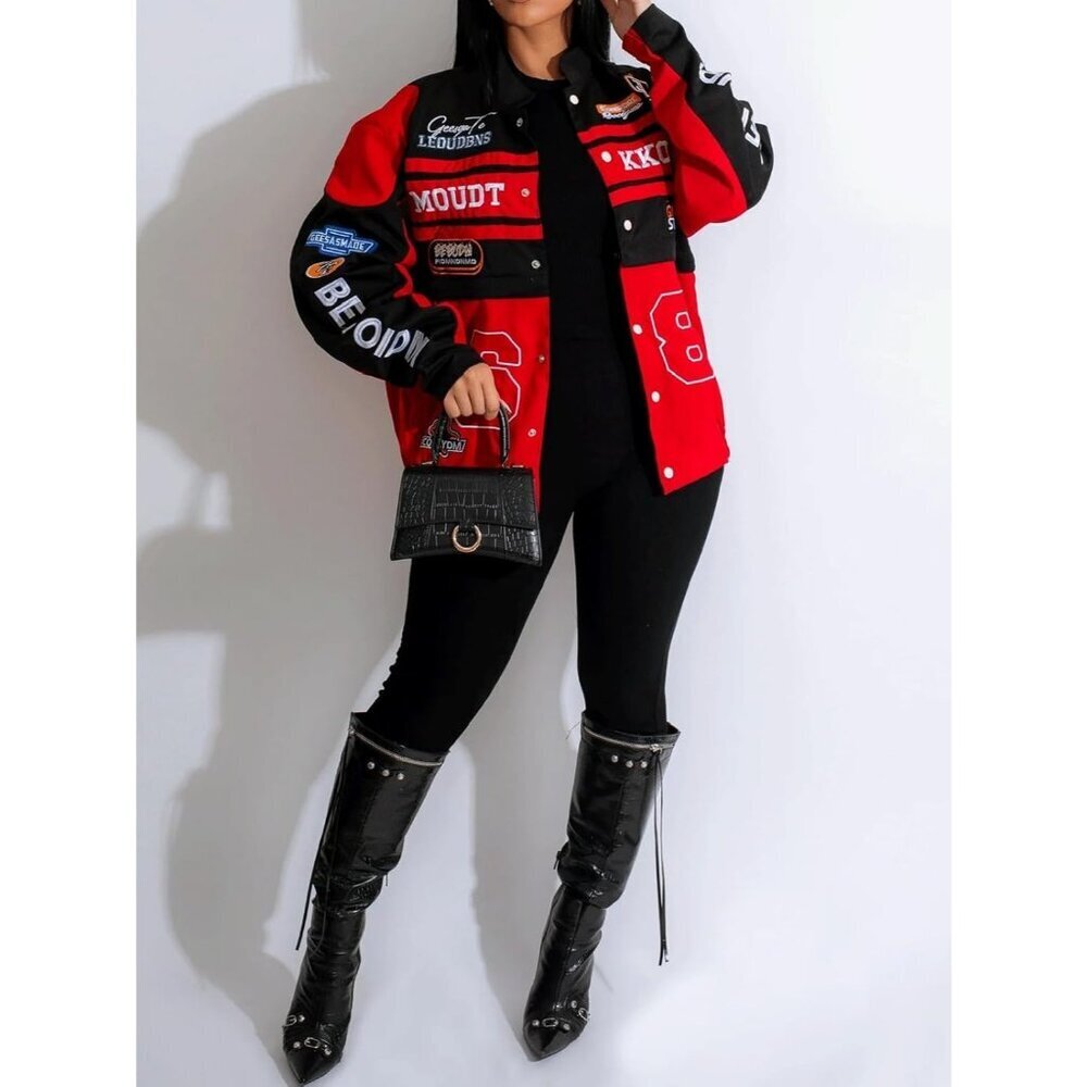 Women Varsity Jacket Motorcycle Racer Detachable Letter Graphic Jackets Red - Picture 6 of 9